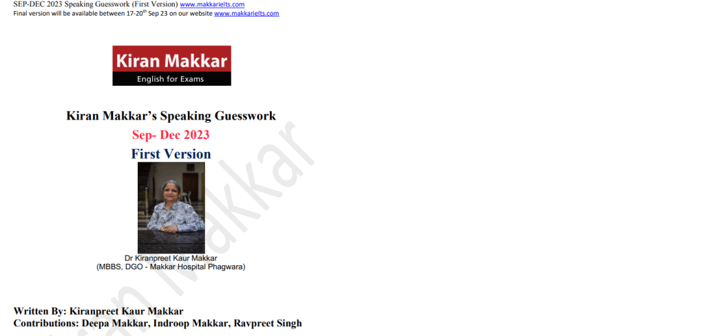 Makkar IELTS Speaking PDF september to december 2023